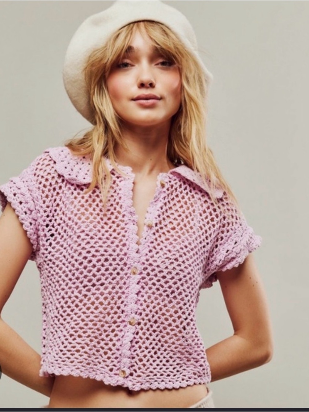 Free People Lily Crochet Top Embroidered Buttonddown Candy Lilac Cropped XL NEW